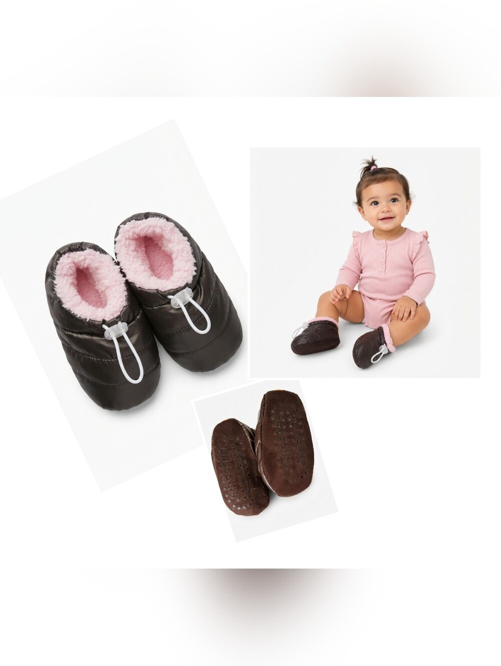 🍎 NWT Skidders Puffy Baby Booties Brown & Pink Sherpa Indoor Outdoor Slippers